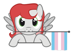 Size: 762x544 | Tagged: safe, artist:hazel bloons, oc, oc only, oc:benevolence, pegasus, pony, bust, commission, cute, female, flag, green eyes, holding, holding a flag, looking at you, mouth hold, pride, pride flag, pride month, red hair, simple background, smiling, solo, transgender pride flag, transparent background, white coat, ych result