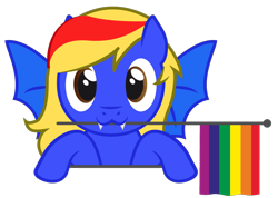 Size: 762x544 | Tagged: safe, artist:hazel bloons, oc, oc only, bat pony, pony, blue coat, brown eyes, bust, commission, cute, fangs, flag, holding, holding a flag, looking at you, male, mouth hold, multicolored hair, pride flag, pride month, rainbow flag, simple background, smiling, solo, transparent background, wings, ych result, yellow hair