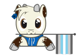 Size: 762x544 | Tagged: safe, artist:hazel bloons, oc, oc only, oc:hazel bloons, goat, brown eyes, bust, clothes, commission, cute, demiboy pride flag, ear tag, flag, holding, holding a flag, hoodie, hooves, horns, looking at you, male, mouth hold, pride, pride flag, pride month, simple background, smiling, solo, transparent background, white fur, ych result