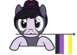 Size: 762x545 | Tagged: safe, artist:hazel bloons, oc, oc only, oc:eden, earth pony, pony, black hair, blue eyes, bust, commission, cute, flag, gray coat, green eyes, heterochromia, holding, holding a flag, looking at you, mouth hold, nonbinary pride flag, ponytail, pride, pride flag, pride month, simple background, smiling, solo, transparent background, ych result