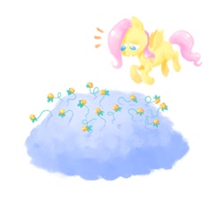 Size: 1014x892 | Tagged: safe, artist:mellodillo, fluttershy, pegasus, pony, g4, berry, cloud, emanata, female, filly, filly fluttershy, flying, foal, food, simple background, solo, white background, younger