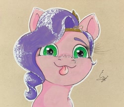 Size: 1715x1482 | Tagged: safe, artist:engi, pipp petals, pegasus, pony, g5, :p, crown, female, jewelry, outline, regalia, simple background, solo, tongue out, traditional art, watercolor painting, white outline