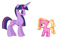 Size: 1280x806 | Tagged: safe, artist:frostninja007, luster dawn, twilight sparkle, alicorn, pony, unicorn, g4, the last problem, blue mane, blue tail, concave belly, female, filly, filly luster dawn, foal, height difference, looking at each other, looking at someone, multicolored mane, multicolored tail, older, older twilight, orange mane, orange tail, physique difference, pink coat, ponytail, princess of friendship, purple coat, purple mane, purple tail, slender, smiling, tail, thin, twilight sparkle (alicorn), twilight sparkle's cutie mark, younger