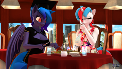 Size: 1920x1080 | Tagged: safe, artist:anthroponiessfm, oc, oc only, oc:audina puzzle, oc:wavelength, bat pony, anthro, 3d, anthro oc, bat pony oc, breasts, city, cleavage, clothes, cute, dinner, dress, duo, eating, eyes closed, female, graduation cap, hat, looking at each other, looking at someone, source filmmaker, wholesome