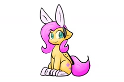 Size: 1517x999 | Tagged: safe, artist:zutcha, fluttershy, pegasus, pony, g4, :3, animal costume, bunny costume, bunny ears, clothes, costume, female, looking at you, mare, simple background, sitting, smiling, smiling at you, socks, solo, white background