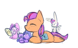Size: 1012x620 | Tagged: safe, artist:zutcha, izzy moonbow, pipp petals, sunny starscout, zipp storm, bunnycorn, earth pony, pony, rabbit, winged rabbit, g5, animal, bunnified, cellphone, eyes closed, female, group, horn, lying down, mare, phone, prone, simple background, smartphone, species swap, white background, wings