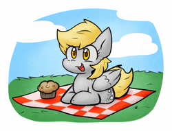 Size: 1033x788 | Tagged: safe, artist:zutcha, derpy hooves, pegasus, pony, g4, cloud, female, food, grass, mare, muffin, open mouth, open smile, picnic blanket, smiling, solo