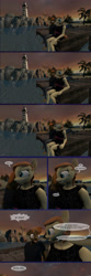 Size: 1440x4354 | Tagged: safe, artist:spud, button mash, oc, oc:cream heart, earth pony, anthro, comic:family bonds, g4, 3d, comic, conversation, dialogue, evening, lighthouse, looking at each other, looking at someone, looking at something, pier, shocked, shocked expression, sleeping, source filmmaker, speech bubble, surprised
