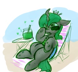 Size: 1095x1015 | Tagged: safe, artist:zutcha, changeling, annoyed, beach, beach chair, chair, drink, female, green changeling, lying down, on back, solo, sunglasses