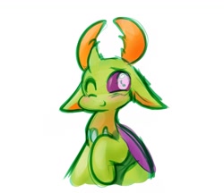 Size: 1113x960 | Tagged: safe, artist:zutcha, thorax, changedling, changeling, g4, blushing, cute, king thorax, looking at you, male, one eye closed, raised hoof, simple background, sitting, smiling, smiling at you, solo, thorabetes, white background, wink, winking at you