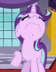 Size: 502x640 | Tagged: safe, screencap, starlight glimmer, pony, unicorn, a royal problem, g4, season 7, animated, cropped, ears back, gif, grin, nervous, nervous smile, smiling, solo, swallowing, throat bulge