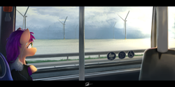Size: 5120x2560 | Tagged: safe, artist:potato22, sunny starscout, earth pony, pony, g5, bus, clothes, coat, earbuds, female, high res, looking out the window, mare, scenery, scenery porn, sitting, solo, water, wind farm, wind turbine