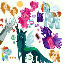 Size: 540x540 | Tagged: safe, artist:hotmomsclub, discord, pear butter, pinkie pie, queen chrysalis, rainbow dash, twilight sparkle, alicorn, changeling, changeling queen, draconequus, earth pony, pegasus, pony, g4, ..., arrow, book, female, heart, pride flag, pride month, question mark, simple background, sun, swirls, twilight sparkle (alicorn), white background