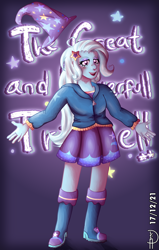 Size: 1908x3000 | Tagged: safe, artist:loohisgod27, trixie, human, equestria girls, g4, my little pony equestria girls: rainbow rocks, blushing, boots, breasts, busty trixie, clothes, eyebrows, fanart, female, great and powerful, hairpin, hand, hat, high res, hoodie, looking at you, open mouth, open smile, shoes, skirt, smiling, solo, trixie's hat
