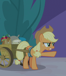 Size: 476x541 | Tagged: safe, screencap, applejack, earth pony, pony, g4, season 9, the summer sun setback, angry, animated, apple, applejack's hat, cart, cowboy hat, female, food, frown, gif, hat, mare, open mouth, solo, teeth, throwing, yelling