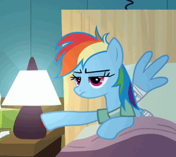 Size: 640x572 | Tagged: safe, screencap, rainbow dash, pegasus, pony, g4, read it and weep, season 2, animated, bandage, bandaged wing, bed, cropped, female, gif, hospital bed, hospital gown, lamp, mare, solo, wings