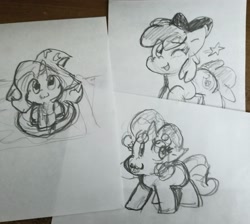Size: 2135x1914 | Tagged: safe, artist:zutcha, apple bloom, sweetie belle, trixie, earth pony, pony, unicorn, g4, female, filly, foal, grin, one eye closed, sketch, smiling, stars, traditional art, wink
