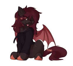 Size: 1599x1439 | Tagged: safe, artist:beardie, oc, oc only, unnamed oc, bat pony, pony, bat pony oc, bat wings, clothes, eye clipping through hair, eyebrows, eyebrows visible through hair, female, looking at you, mare, one eye closed, simple background, sitting, smiling, smiling at you, solo, spread wings, sweater, tongue out, transparent background, wings, wink, winking at you