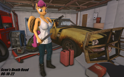 Size: 1118x699 | Tagged: safe, artist:robertwtf, scootaloo, pegasus, anthro, g4, 3d, big breasts, breasts, busty scootaloo, female, folded wings, frown, gun, handgun, knife, looking at you, nexgen, older, older scootaloo, partially open wings, pistol, solo, source filmmaker, vehicle, weapon, wings