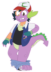 Size: 750x1050 | Tagged: safe, artist:detectivecoon, spike, dragon, human, g4, ash ketchum, character to character, clothes, gritted teeth, human to dragon, male, mid-transformation, pokémon, simple background, solo, teeth, transformation, transparent background