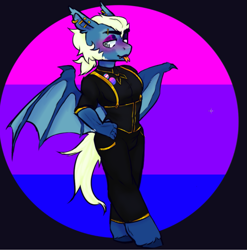 Size: 779x789 | Tagged: safe, artist:tyotheartist1, oc, oc:frosty swords, bat pony, anthro, bisexual pride flag, clothes, corset, ear piercing, eyebrow piercing, piercing, pride, pride flag, pride month, transgender pride flag