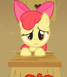 Size: 322x367 | Tagged: safe, screencap, apple bloom, earth pony, pony, g4, cropped, cute, female, filly, foal, frown, raised eyebrow, sad, sadorable, school desk, solo