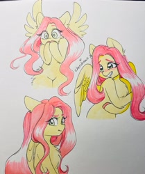 Size: 2594x3098 | Tagged: safe, artist:cherubisous, fluttershy, pegasus, pony, g4, blushing, cute, eye clipping through hair, eyebrows, eyebrows visible through hair, female, grin, high res, looking at you, mare, multeity, partially open wings, shy, shy smile, shyabetes, signature, smiling, solo, spread wings, surprised, traditional art, wings