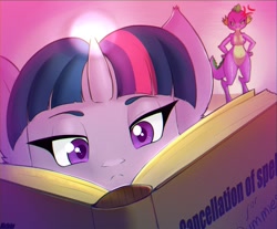 Size: 1300x1076 | Tagged: safe, artist:mistleinn, spike, twilight sparkle, alicorn, dragon, anthro, g4, barb, barbie doll anatomy, book, breasts, busty barb, cross-popping veins, duo, featureless breasts, featureless crotch, implied transgender transformation, magic, male to female, rule 63, twilight sparkle (alicorn)