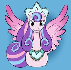 Size: 1979x1946 | Tagged: safe, artist:amynewblue, princess flurry heart, alicorn, pony, g4, adult flurry heart, crown, eyebrows, female, front view, heart, jewelry, light blue background, looking at you, mare, older, older flurry heart, peytral, regalia, signature, simple background, smiling, smiling at you, solo, spread wings, wings