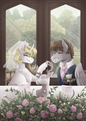 Size: 3507x4960 | Tagged: safe, artist:monnarcha, oc, oc only, unnamed oc, deer, pegasus, pony, unicorn, absurd resolution, cake, cake slice, duo, duo male and female, female, flower, food, forest, grin, horn, male, mare, marriage, oc x oc, pegasus oc, shipping, smiling, statue, straight, unicorn oc, wedding, window