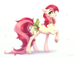 Size: 2424x1863 | Tagged: safe, artist:sparkling_light, roseluck, earth pony, pony, bow, butt, collar, commission, commissioner:doom9454, cute, dock, female, long tail, mare, pet tag, plot, rosabetes, rosebutt, rosepet, solo, tail, tail bow