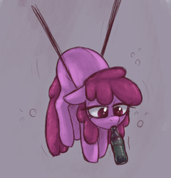 Size: 1380x1440 | Tagged: safe, artist:t72b, berry punch, berryshine, earth pony, pony, g4, alcohol, bottle, drunk, female, floppy ears, mare, mouth hold, silly, silly pony, solo, suspended, wine