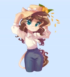Size: 3722x4096 | Tagged: safe, artist:saxopi, oc, oc only, oc:celia montigre, earth pony, semi-anthro, arm hooves, blue background, bow, clothes, commission, eyebrows, eyebrows visible through hair, eyelashes, female, flower, hat, high res, leonine tail, looking at you, pants, petals, shirt, simple background, smiling, smiling at you, solo, sunflower, tail