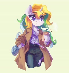 Size: 3916x4096 | Tagged: oc name needed, safe, artist:saxopi, oc, oc only, unicorn, semi-anthro, absurd resolution, arm hooves, bag, beautiful hair, chest fluff, clothes, coffee, coffee cup, commission, cup, eyebrows, eyebrows visible through hair, eyelashes, female, horn, multicolored hair, multicolored mane, pants, plastic cup, shirt, simple background, smiling, solo, unicorn oc, white coat