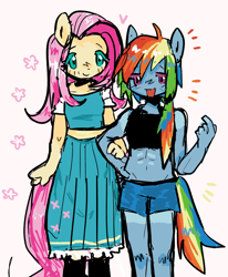 Size: 1280x1552 | Tagged: safe, artist:pxunii, fluttershy, rainbow dash, anthro, g4, abs, clothes, duo, female, fingers, flower, heart, lesbian, linked arms, long skirt, mare, midriff, open mouth, open smile, pants, ponytail, ship:flutterdash, shipping, shirt, shorts, simple background, skirt, smiling, sports bra, tank top, white background, wingless, wingless anthro