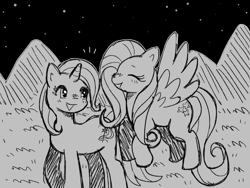 Size: 1280x960 | Tagged: safe, artist:pxunii, fluttershy, trixie, pegasus, pony, unicorn, g4, duo, eyes closed, female, grass, grayscale, monochrome, mountain, night, night sky, open mouth, open smile, outdoors, sky, smiling, stars
