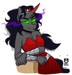 Size: 414x426 | Tagged: safe, artist:redxbacon, king sombra, unicorn, anthro, g4, bedroom eyes, dark magic, fangs, female, glowing, glowing eyes, horn, looking at you, magic, queen umbra, rule 63, simple background, solo, white background