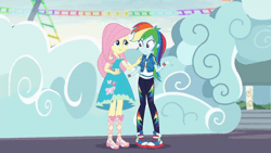 Size: 520x293 | Tagged: safe, screencap, fluttershy, rainbow dash, human, equestria girls, equestria girls specials, g4, my little pony equestria girls: better together, my little pony equestria girls: rollercoaster of friendship, animated, blushing, converse, duo, female, fluttershy boho dress, gif, hand on shoulder, scared, shaking, shipping fuel, shoes