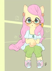 Size: 2826x3840 | Tagged: safe, artist:yanamosuda, fluttershy, pegasus, semi-anthro, g4, :o, alternate hairstyle, arm hooves, blouse, blushing, clothes, converse, cute, daaaaaaaaaaaw, female, flower, glasses, hair accessory, high res, hoof shoes, looking at you, mare, open mouth, pants, shoes, shyabetes, sitting, solo