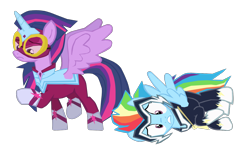 Size: 1280x769 | Tagged: safe, artist:benpictures1, rainbow dash, twilight sparkle, zapp, alicorn, pegasus, pony, g4, power ponies (episode), clothes, cute, dashabetes, duo, duo female, female, lesbian, looking down, masked matter-horn costume, paralyzed, power ponies, raised hoof, ship:twidash, shipping, simple background, teeth, transfixed, transparent background, twiabetes, twilight sparkle (alicorn), vector
