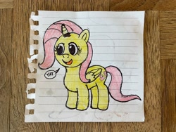 Size: 2048x1536 | Tagged: safe, fluttershy, alicorn, pony, g4, alicornified, caption, cute, drawing, female, fluttercorn, lined paper, mare, photo, race swap, shyabetes, solo, text, traditional art, yay