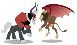 Size: 1920x1121 | Tagged: safe, artist:aleximusprime, lord tirek, scorpan, centaur, gargoyle, taur, flurry heart's story, g4, angry, bat wings, belt, brothers, clenched fist, fanfic art, final form, flying, gritted teeth, horns, male, nose piercing, nose ring, piercing, prehensile tail, ready to fight, siblings, simple background, stare down, tail, teeth, tirek vs scorpan, transparent background, wings