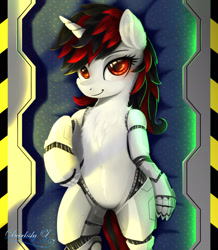 Size: 1772x2029 | Tagged: safe, artist:darksly, oc, oc:blackjack, cyborg, cyborg pony, pony, unicorn, fallout equestria, fallout equestria: project horizons, amputee, bedroom eyes, body pillow, body pillow design, cybernetic legs, fanfic art, female, mare, prosthetic leg, prosthetic limb, prosthetics, solo