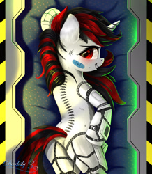 Size: 1772x2029 | Tagged: safe, artist:darksly, oc, oc:blackjack, cyborg, cyborg pony, pony, unicorn, fallout equestria, fallout equestria: project horizons, amputee, back, bandaid, bedroom eyes, blushing, body pillow, body pillow design, butt, fanfic art, female, grin, mare, plot, prosthetic leg, prosthetic limb, prosthetics, rear view, smiling, solo