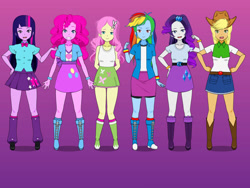 Size: 1032x774 | Tagged: safe, artist:dangerwedgier, applejack, fluttershy, pinkie pie, rainbow dash, rarity, twilight sparkle, human, equestria girls, g4, belt, boots, clothes, cowboy boots, cowboy hat, gradient background, hat, humane five, humane six, jacket, kisekae, shirt, shoes, skirt, socks, vest