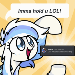 Size: 800x800 | Tagged: safe, artist:sugar morning, oc, oc only, oc:bizarre song, oc:frostbite the bat pony, bat pony, pony, animated, commission, dialogue, discord (program), gif, meta, pointing, solo, wat, ych result
