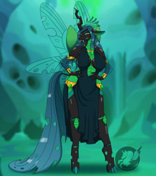Size: 1138x1280 | Tagged: safe, artist:madebyevilponies, part of a set, queen chrysalis, changeling, changeling queen, anthro, unguligrade anthro, g4, breasts, cleavage, clothes, dress, female, gold, jewelry, solo
