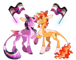 Size: 1280x1013 | Tagged: safe, artist:wanderingpegasus, sunburst, twilight sparkle, alicorn, pony, unicorn, g4, alternate hairstyle, asexual, asexual pride flag, bisexual pride flag, blushing, concave belly, curved horn, cute, duo, facial hair, female, freckles, glowing, glowing horn, goatee, horn, leonine tail, levitation, looking at each other, looking at someone, magic, male, mare, markings, pride, pride flag, pride month, raised hoof, redesign, ship:twiburst, shipping, simple background, size difference, slender, stallion, straight, sunbetes, tail, telekinesis, thin, transparent background, twiabetes, twilight sparkle (alicorn), unshorn fetlocks