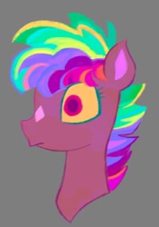 Size: 554x786 | Tagged: safe, artist:villainapplepie, oc, oc only, draconequus, hybrid, coat markings, facial markings, head, head only, interspecies offspring, multicolored hair, offspring, parent:discord, parent:twilight sparkle, parents:discolight, rainbow colors, rainbow hair, red eyes, simple background, solo, star (coat marking), yellow eyes