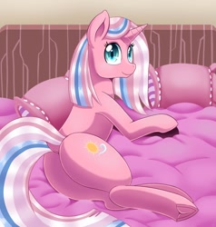 Size: 1000x1050 | Tagged: safe, artist:vavacung, clear sky, pony, unicorn, g4, bed, bedroom, butt, cute, dock, female, frog (hoof), looking at you, lying down, mare, on side, pillow, plot, rear view, skybutt, solo, tail, underhoof